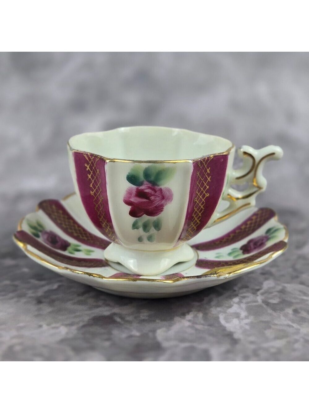 Vintage Bone China Demitasse Cup Saucer Rose Pink White Gold Hand Painted Japan